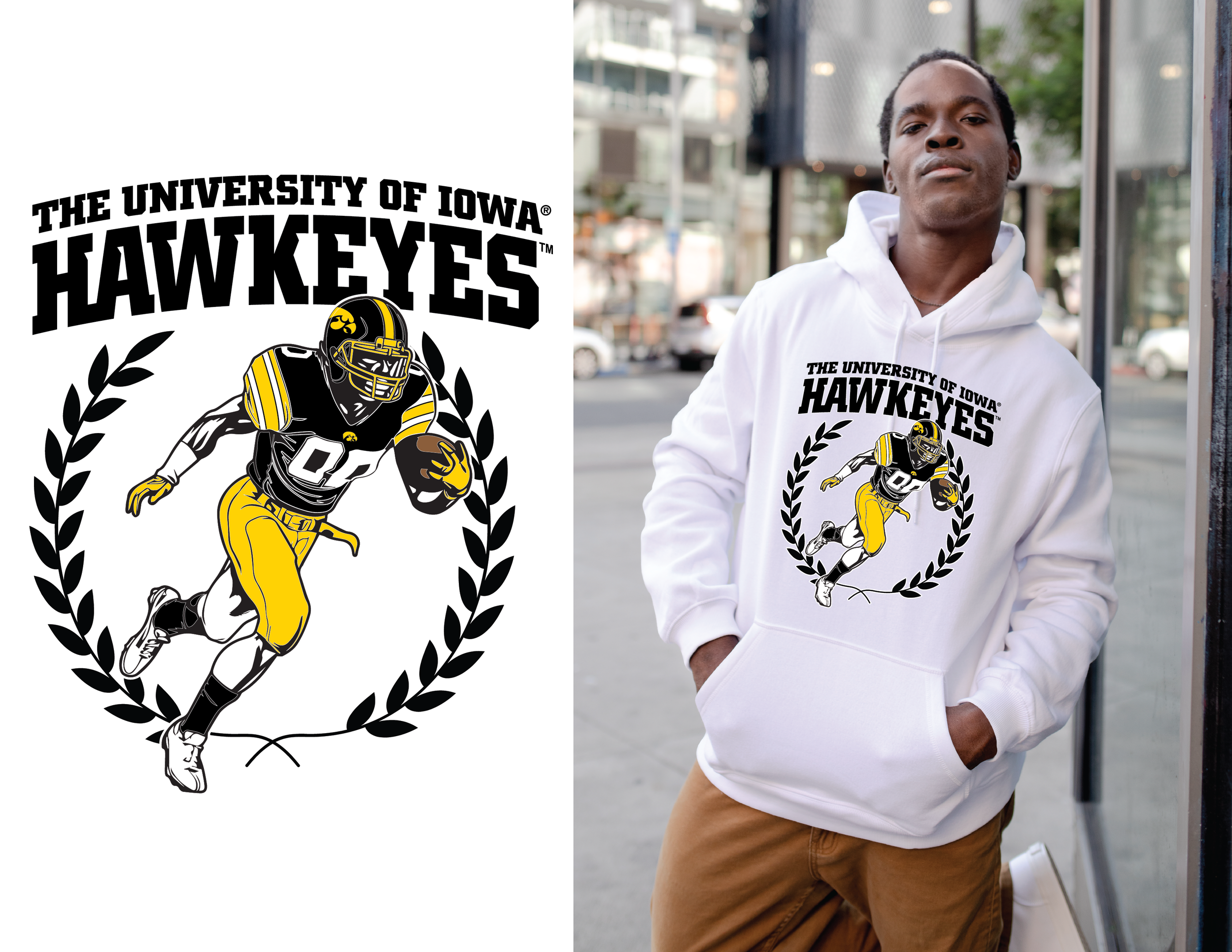 A young man wearing a white hoodie with a graphic of a football player from the University of Iowa Hawkeyes, standing outdoors on a city street with buildings and cars in the background.