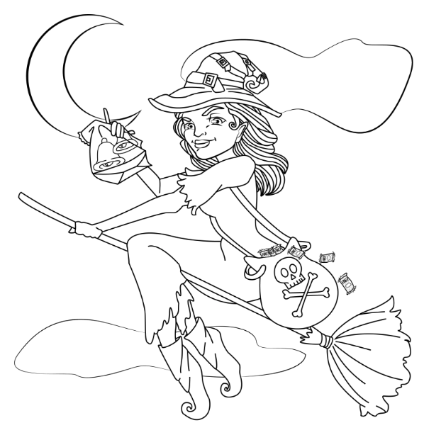 Line drawing of a young witch sitting on a broomstick with a crescent moon in the background. She is wearing a pointy hat with a buckle, a cape, and boots. She is holding a lantern and has a bag with a skull and crossbones on it, along with small pot