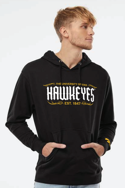 Young man wearing a black hooded sweatshirt with the Iowa Hawkeyes logo and text.