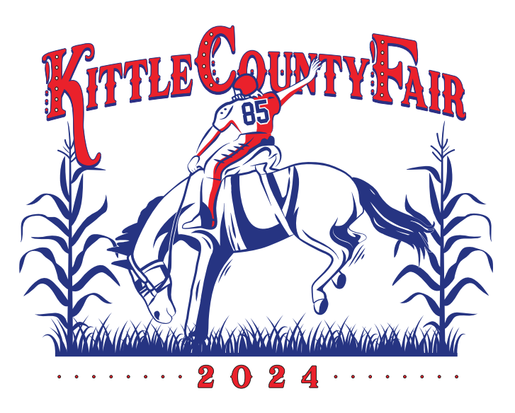 A graphic design promoting the Kittle County Fair 2024, featuring a rodeo rider in a white jersey with the number 85 riding a bucking horse, surrounded by stylized grass and tall plants.