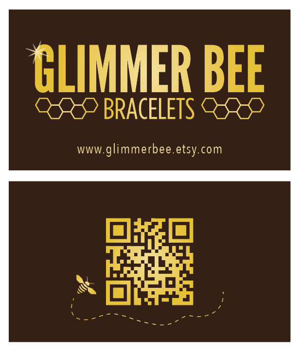 Business card for Glimmer Bee Bracelets featuring a website URL and a QR code with a bee illustration
