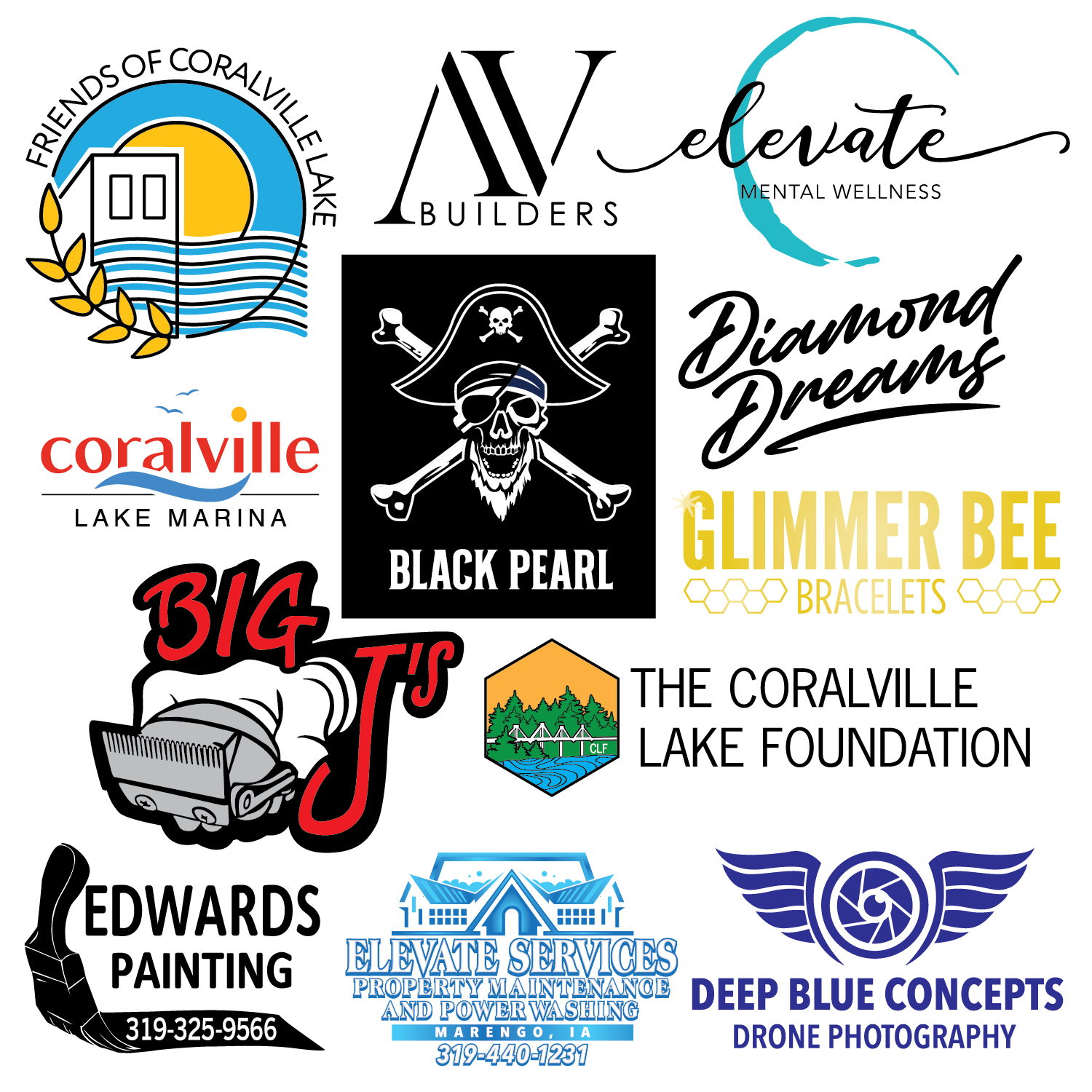 A collage of various logos and graphics for organizations, brands, and services in Coralville, including a lakeside scene, pirate skull, jewelry, a drone company, painting business, and a foundation.
