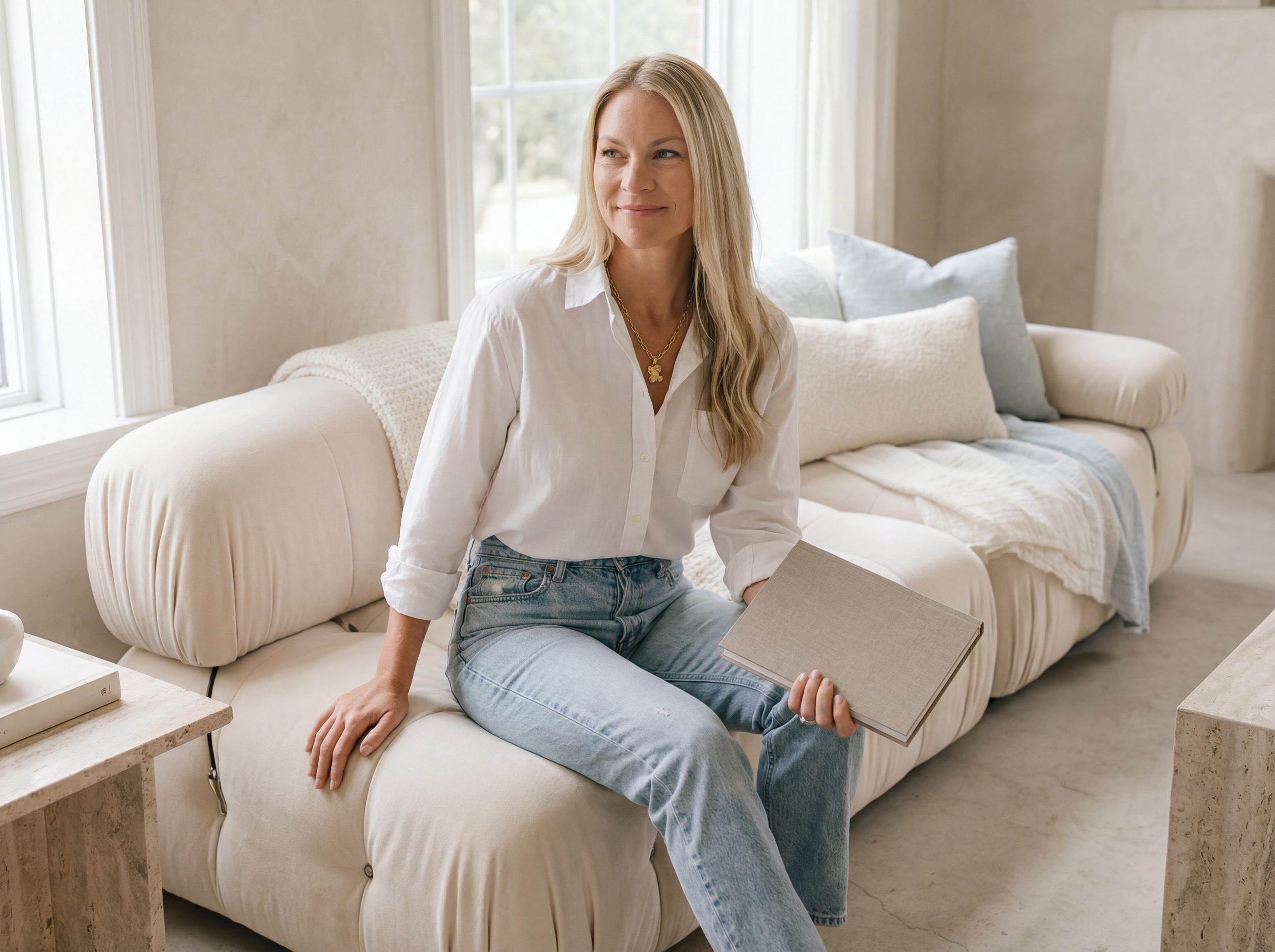 Founder of femwell, Allie Janszen, wearing a white blouse and jeans sitting on a cream-colored sofa in a bright room with large windows, holding a material sample and looking to her right.
