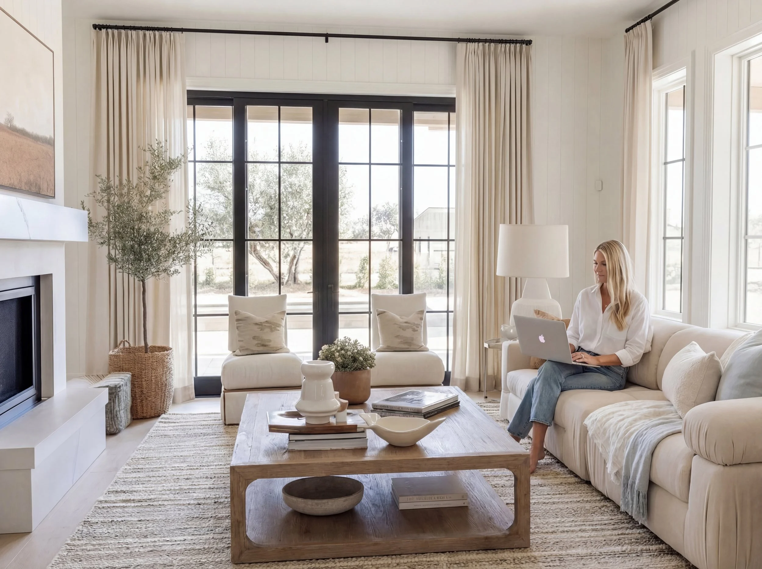 A bright living room featuring beige curtains, a white sofa with a woman using a laptop, a wooden coffee table with decorative bowls and books, a large window with black frames, a cream-colored rug, and a potted plant.