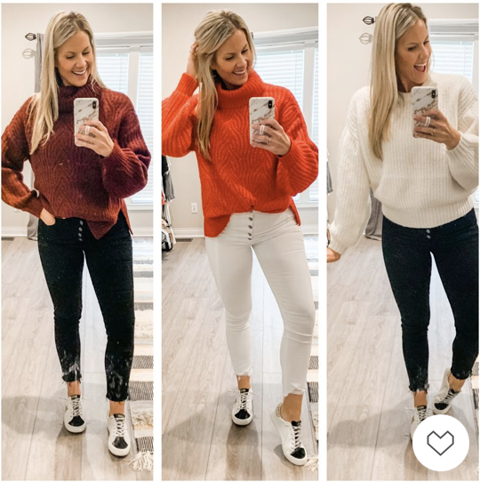 A woman taking mirror selfies in three different outfits. In the first, she wears a maroon sweater with black pants and sneakers. In the second, she wears an orange sweater with white pants and sneakers. In the third, she wears a white sweater with black pants and sneakers.