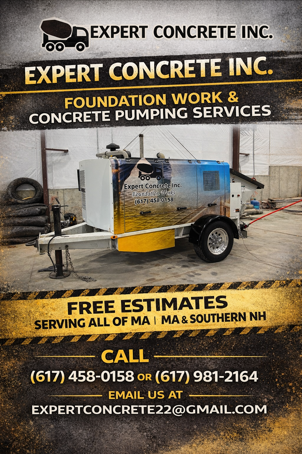 Flyer for Expert Concrete Inc. featuring an image of a large concrete pump or mixer inside a warehouse. The flyer advertises foundation work and concrete pumping services, offers free estimates, and provides contact information including phone numbers and an email address.