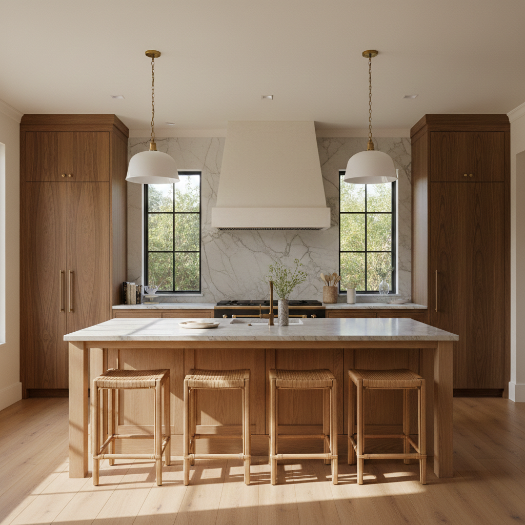 Symmetrical modern kitchen with floor-to-ceiling white oak cabinetry, marble waterfall island, and dual white pendant lights designed by Weave Homes in Austin.