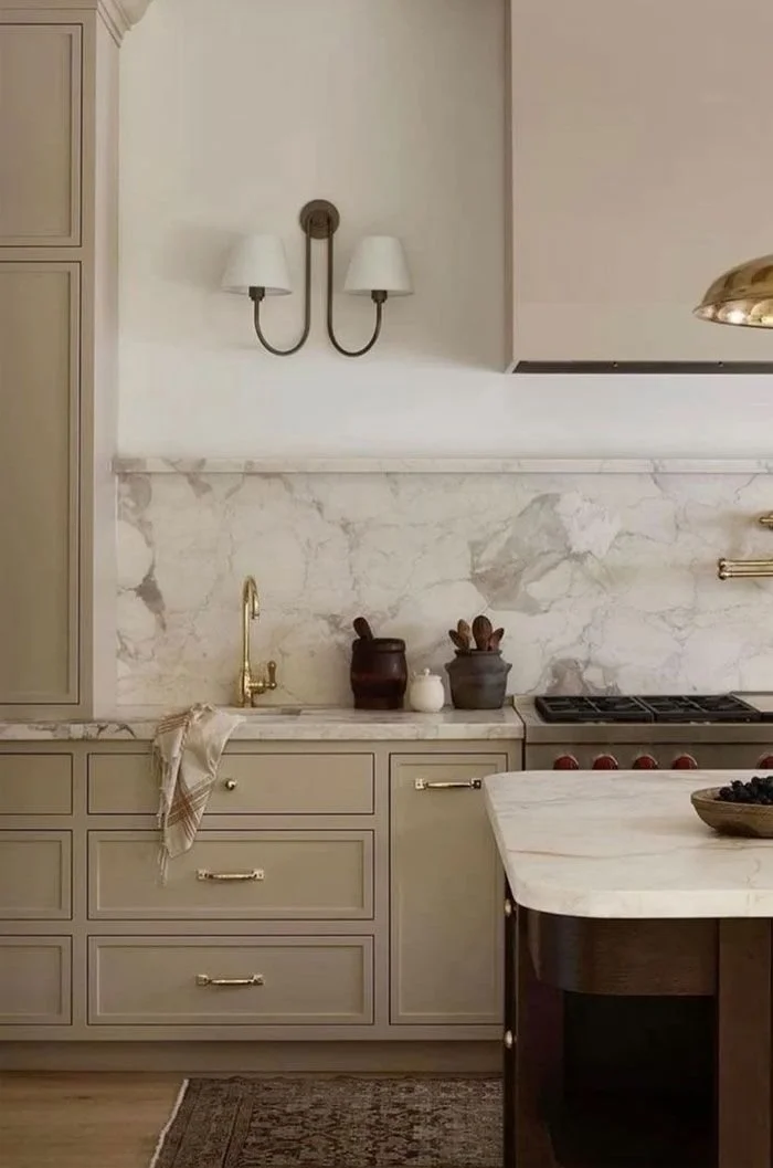 Modern kitchen rendering for an East Austin home featuring dark wood cabinetry, a marble backsplash, and a black marble island.