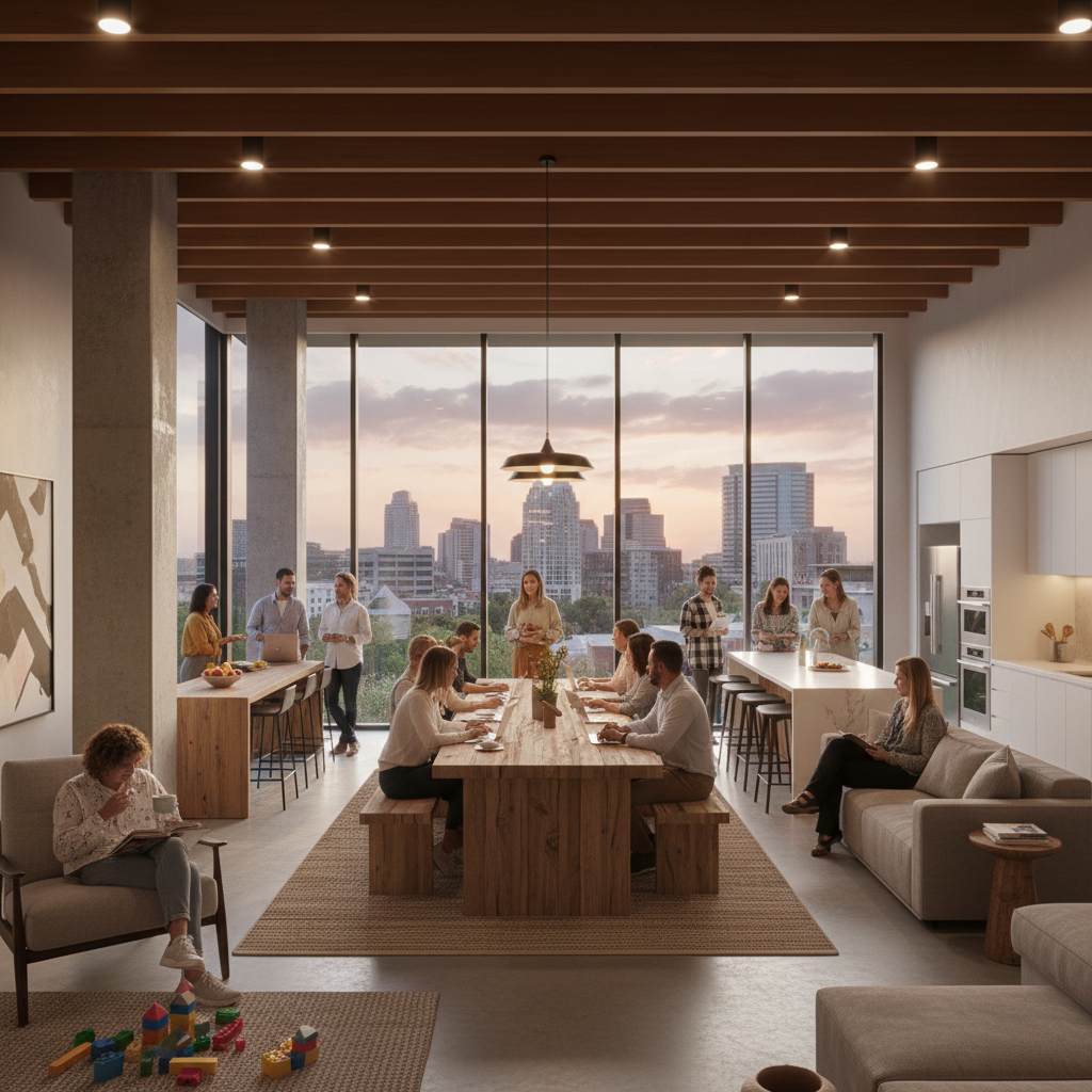A group of young professionals sharing a meal in a bright, modern co-living dining area with wood accents and high-end finishes.