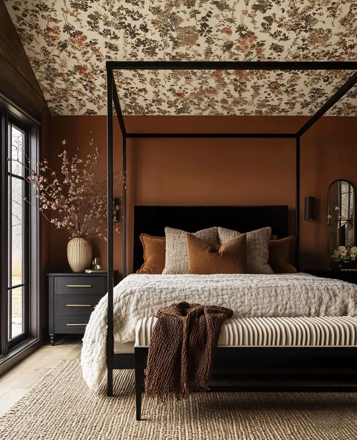 Moody, design-forward bedroom with terracotta walls, a black four-poster canopy bed, and a floral patterned ceiling.
