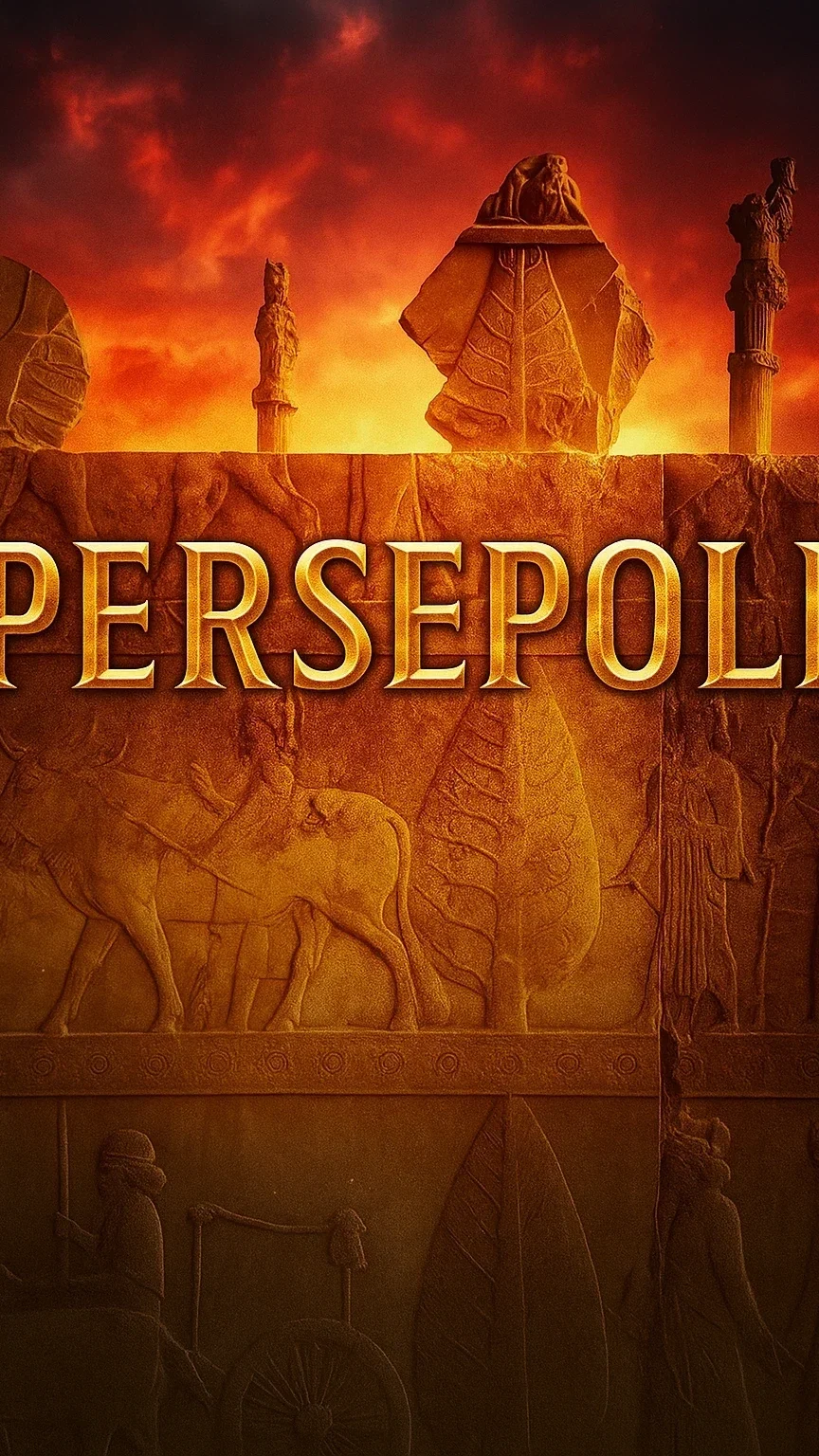 Immagine di un muro in stile antico con sculture e rilievi di elefanti, figure umane e motivi decorativi, con un cielo arancione e rosso sullo sfondo. La scritta 'PERSEPOLI' in caratteri dorati sopra il muro.