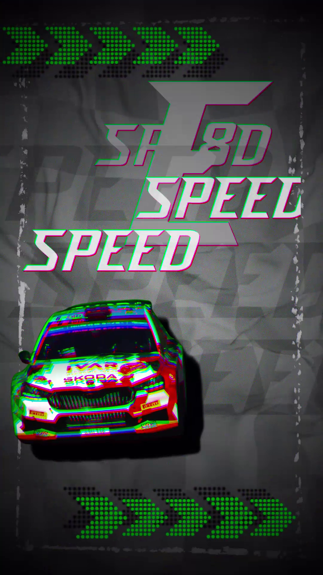 Immagine di una copertina di un gioco di corse, con un'auto da corsa colorata al centro e scritte che indicano velocità e 3D, con frecce verdi in alto e in basso