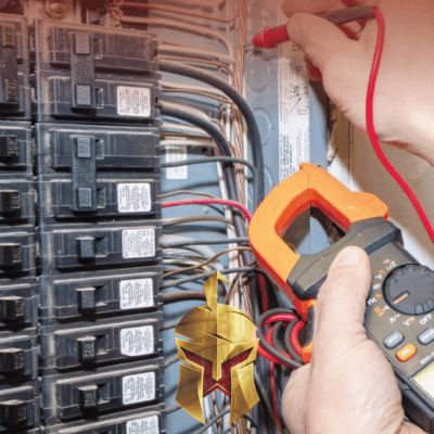 Spartan Home Pros troubleshooting an electrical circuits with a multimeter near circuit breaker panel