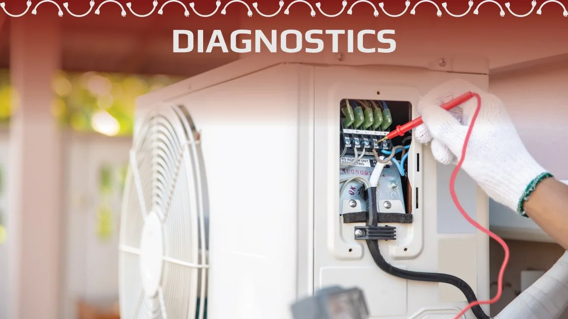 Technician wearing white gloves testing electrical diagnostics on outdoor air conditioning unit with a multimeter.