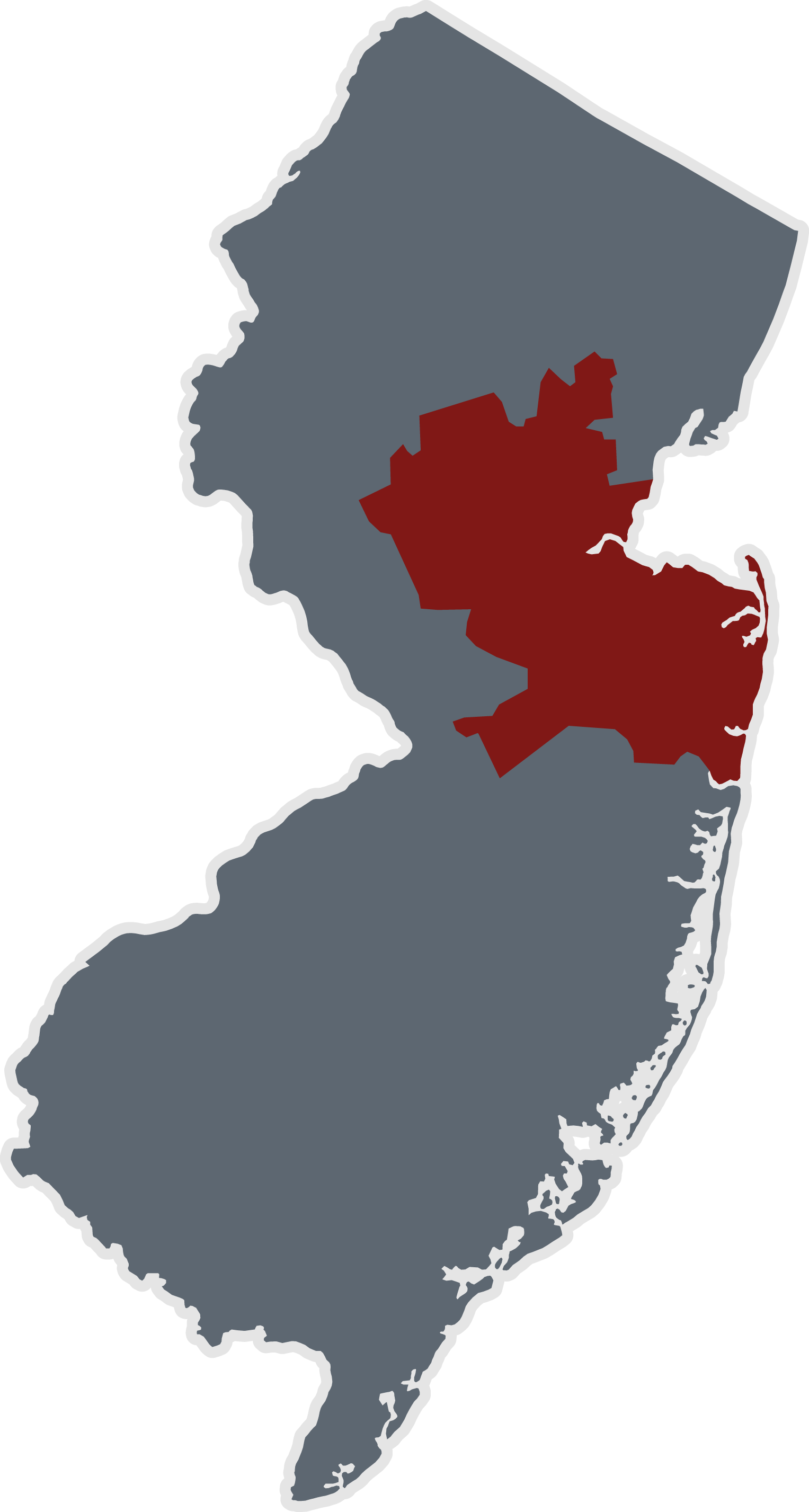 Map of New Jersey highlighting certain counties in Maroon.
