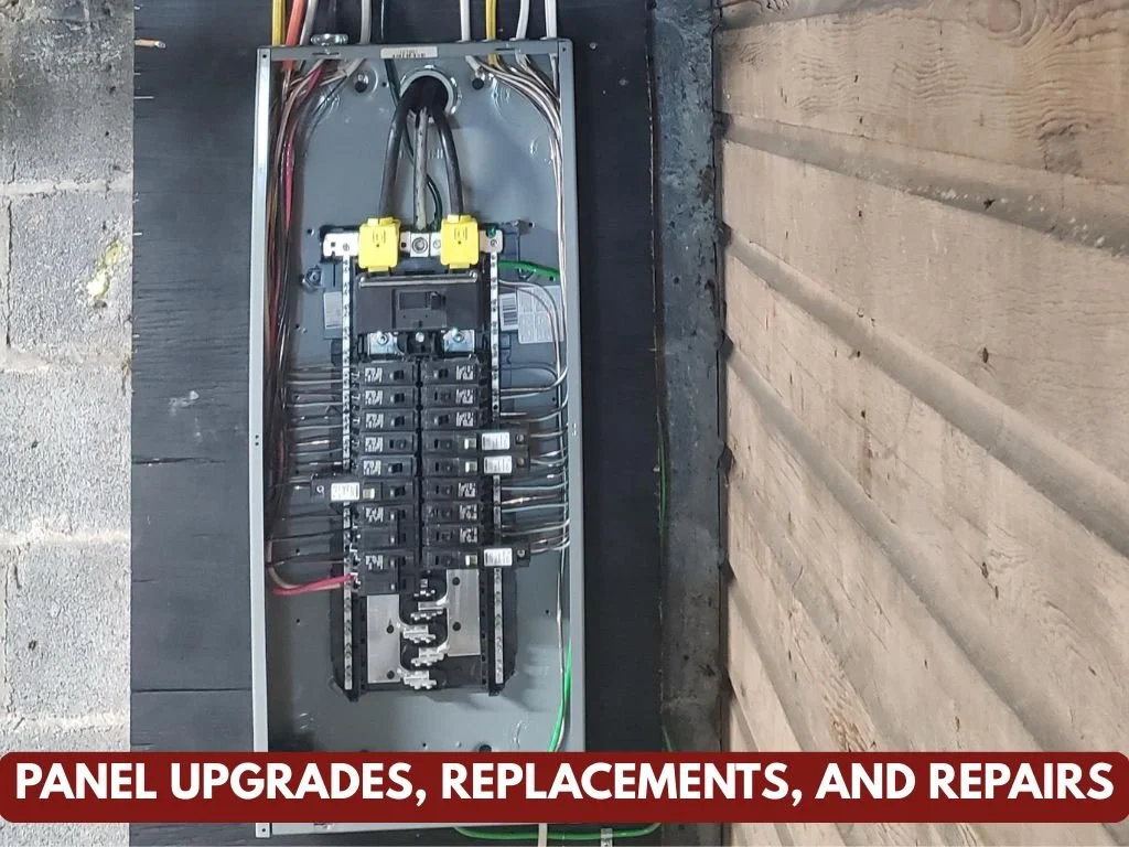 Open electrical panel with circuit breakers, wires, and electrical components inside.