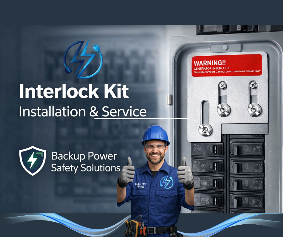 A promotional image for an interlock kit installation and service, featuring a smiling technician in safety gear giving two thumbs up, with a background of an electrical panel and a red warning label about generator interlock.