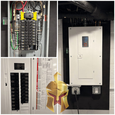 Service Upgrade installed by Spartan Home Pro. Nice clean installation of Electrical panels and a breaker box in a utility room.