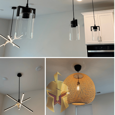 Collage of three different modern ceiling light fixtures in a room installed by Spartan Home Pros in a clients kitchen