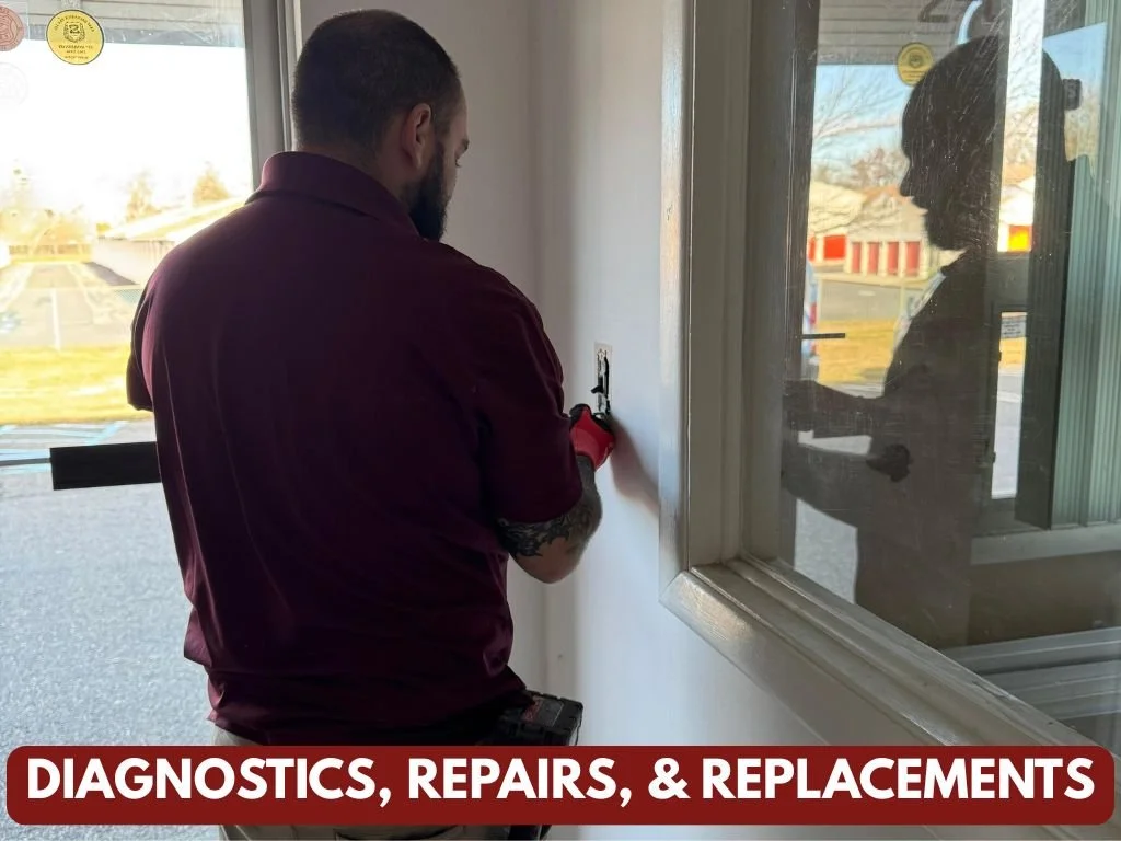 A man working with tools on a wall inside a building, reflected in a window showing a silhouette of a person outside.