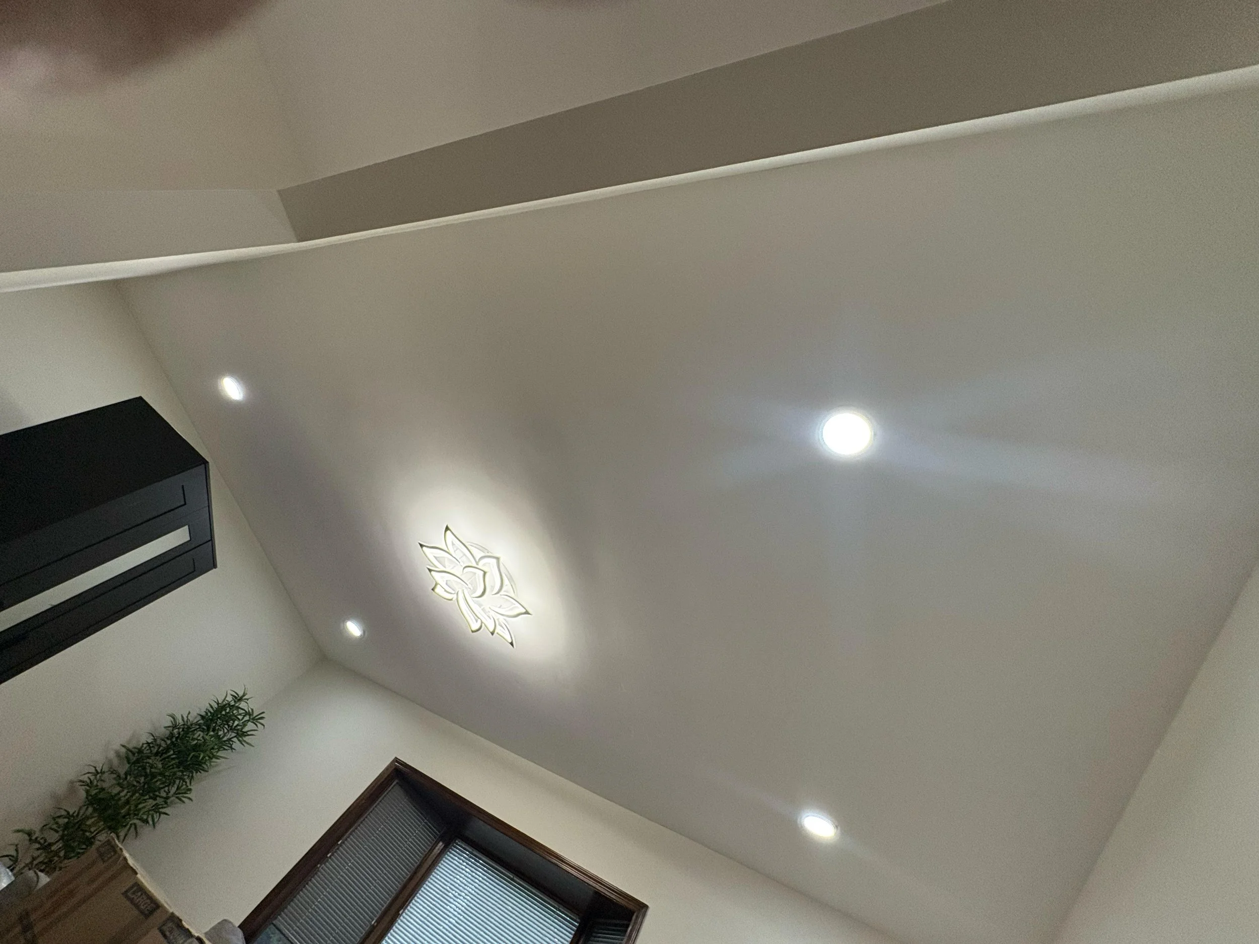 Ceiling with recessed lights, decorative light fixture, and air conditioning unit in a room with a window and a potted plant.