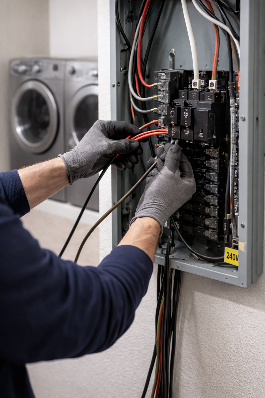 An electrician working inside a circuit breaker panel with multiple wires while wearing gloves, with a laundry area with washing machines in the background.