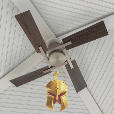 Ceiling fan with four blades and a decorative gold and red Spartan Home Pros installs indoor and out door fans