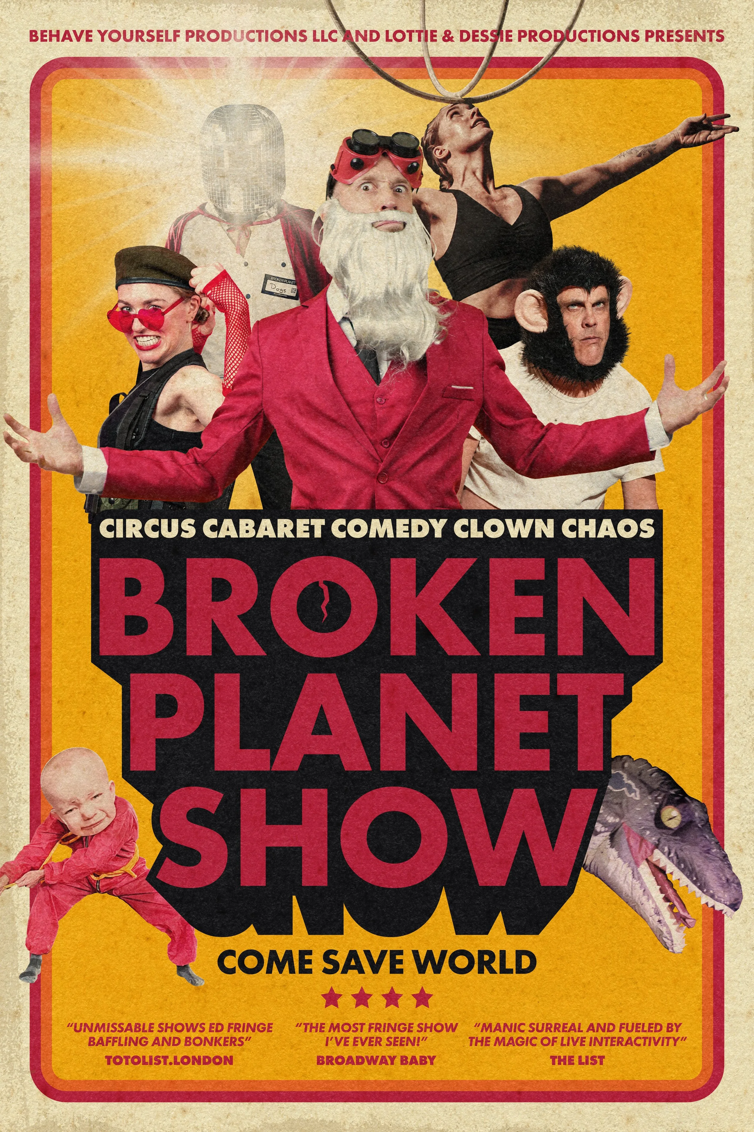 A colorful promotional poster for a comedy show titled 'Broken Planet Show.' The poster features a collage of comedic characters including a man with a white beard and red suit, a woman with red glasses and arms outstretched, a person with a mechanical-looking head, a woman in black athletic wear with one arm raised, and a person with large monkey ears and a fur collar. There are also smaller images of a baby in a martial arts pose and an alligator head. The poster includes reviews and a call to action to come save the world.