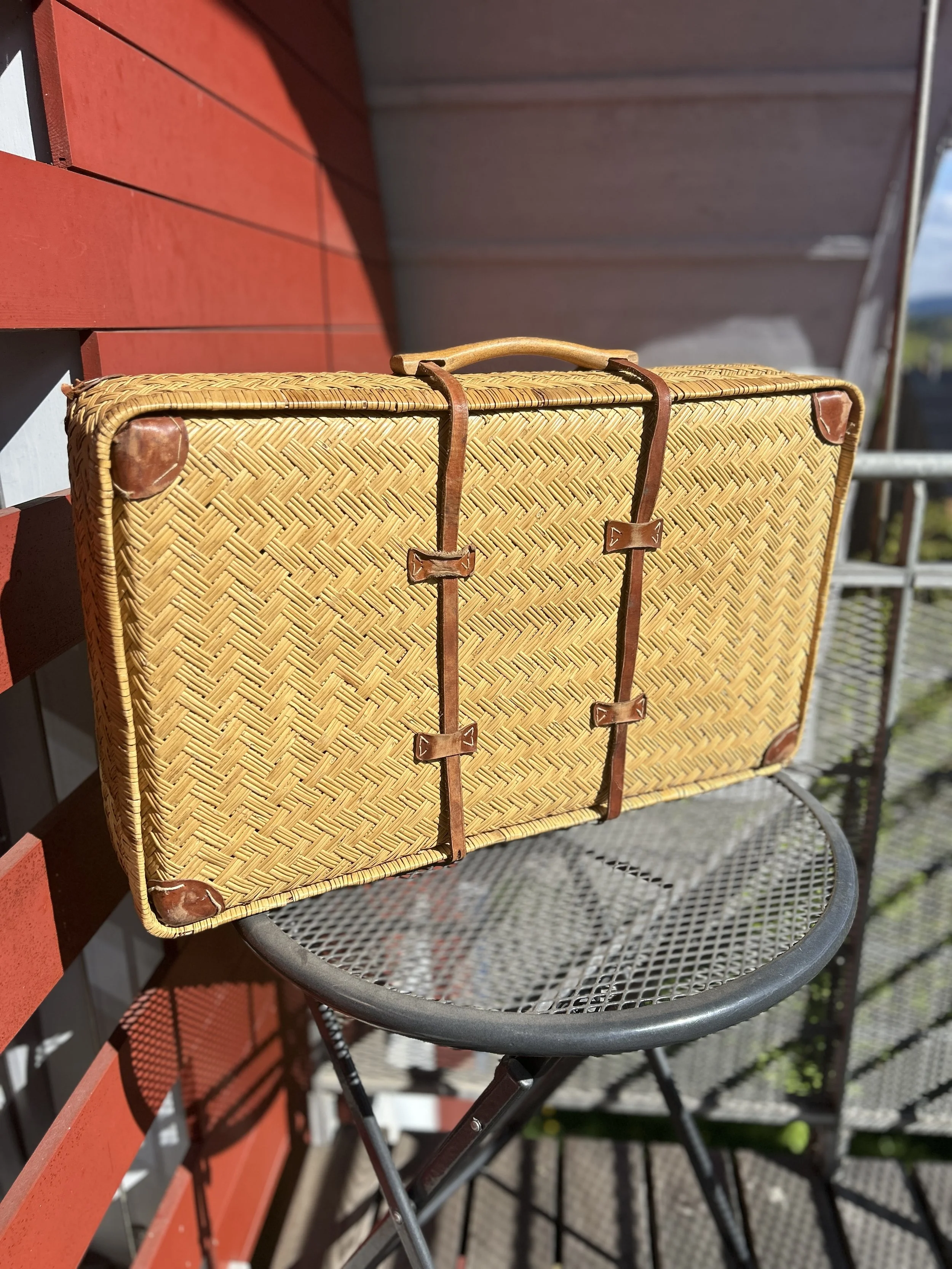 Antique French Indies style colonial valise w/leather strap buckles,
