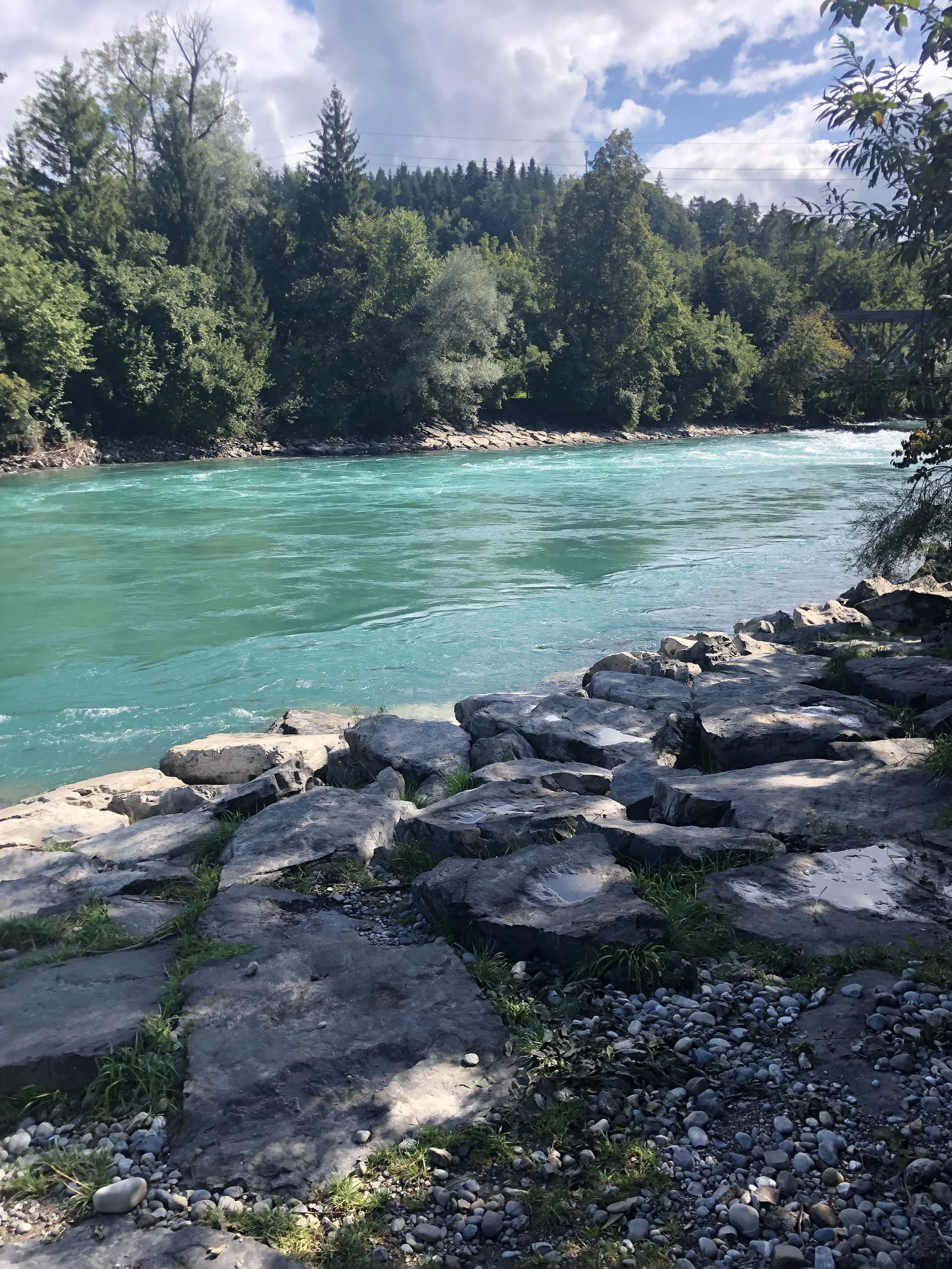 A river with turquoise water flowing past rocks and greenery on the riverbank, with trees and mountains in the background under a partly cloudy sky.