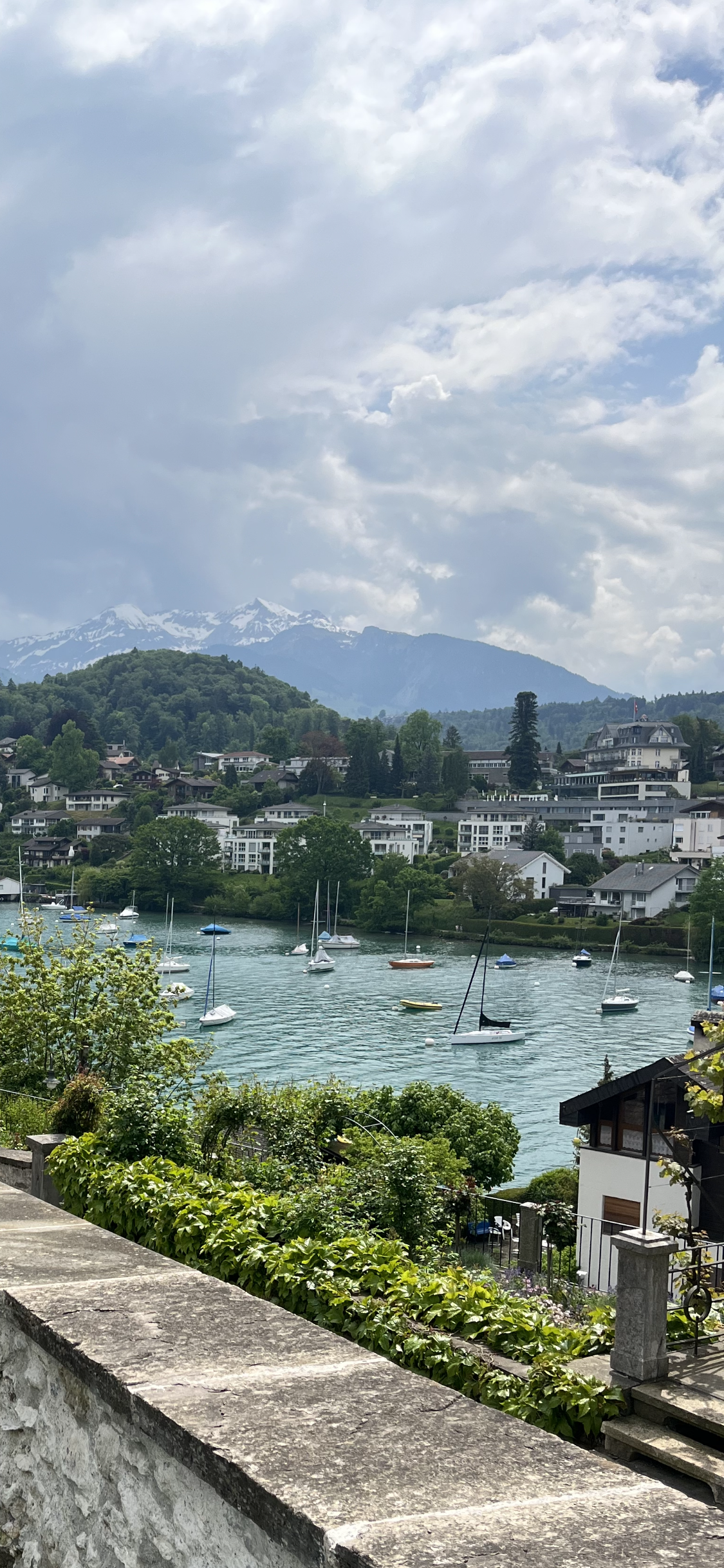 A scenic view of a lake with sailboats, lush green trees, and modern houses, with mountainous terrain and snow-capped peaks in the background under a partly cloudy sky.