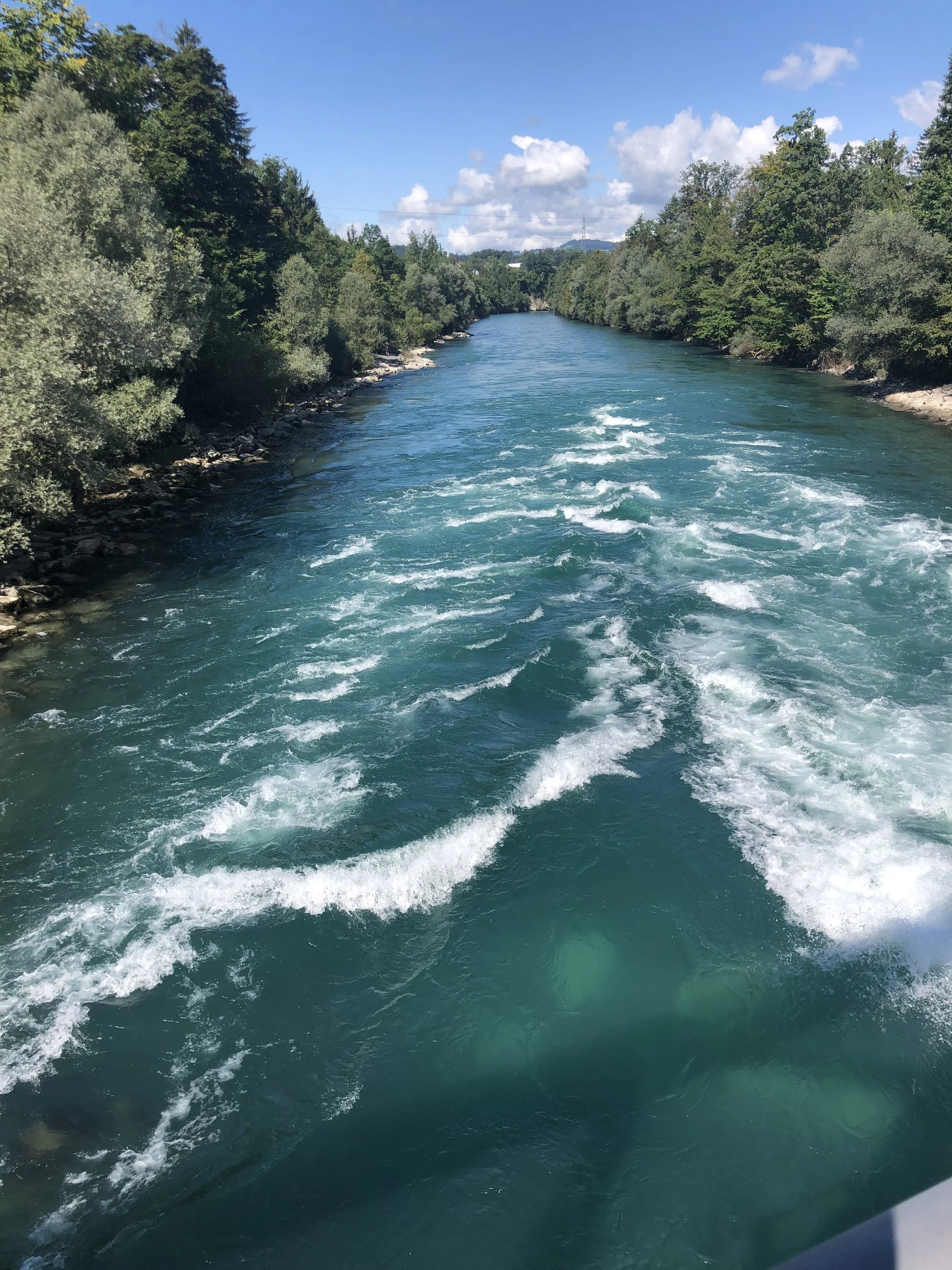 A river with a wake from a boat, surrounded by green trees under a partly cloudy sky.
