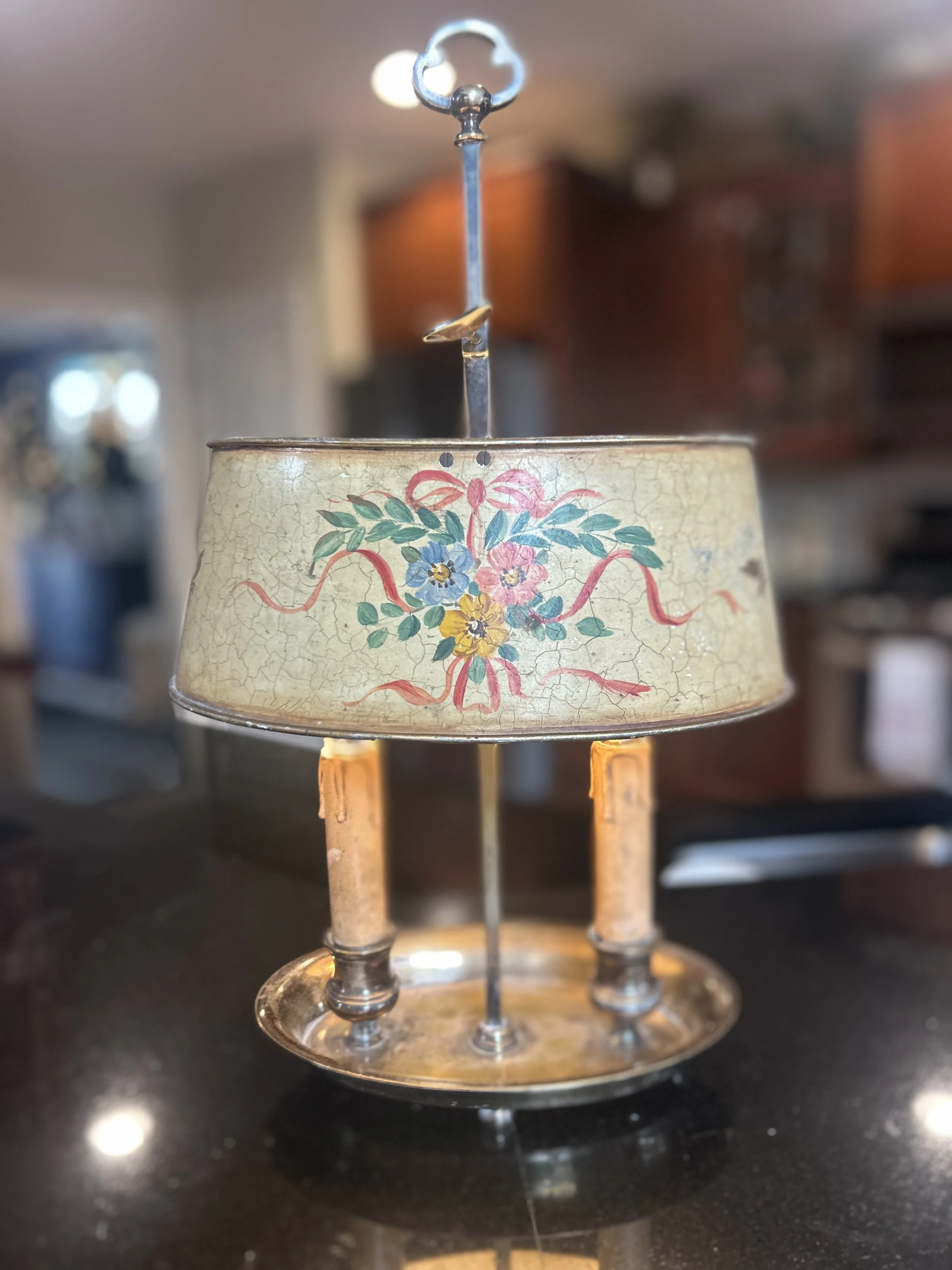 French Antique Hand-Painted Tole Lamp with Silver-Plated Brass Base
