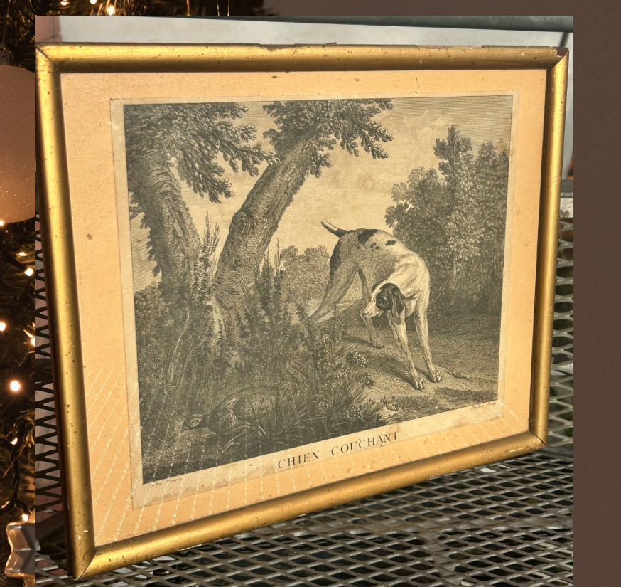 A framed vintage-style illustration of a dog sniffing the ground near a tree, with the label "Chien Couchant" underneath.