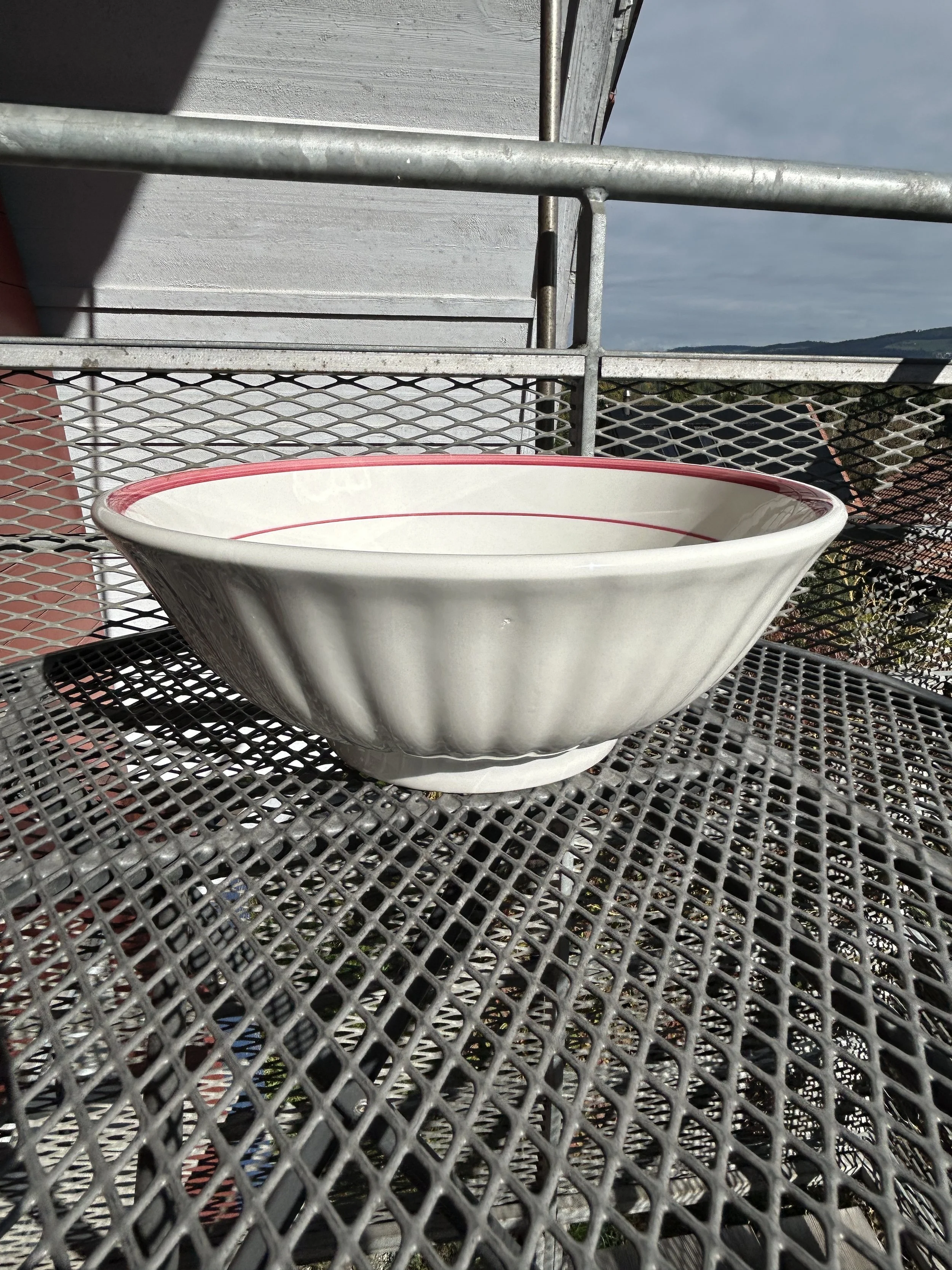 1970s Italian Ceramic Fluted Mixing Bowl with Red Line Interior