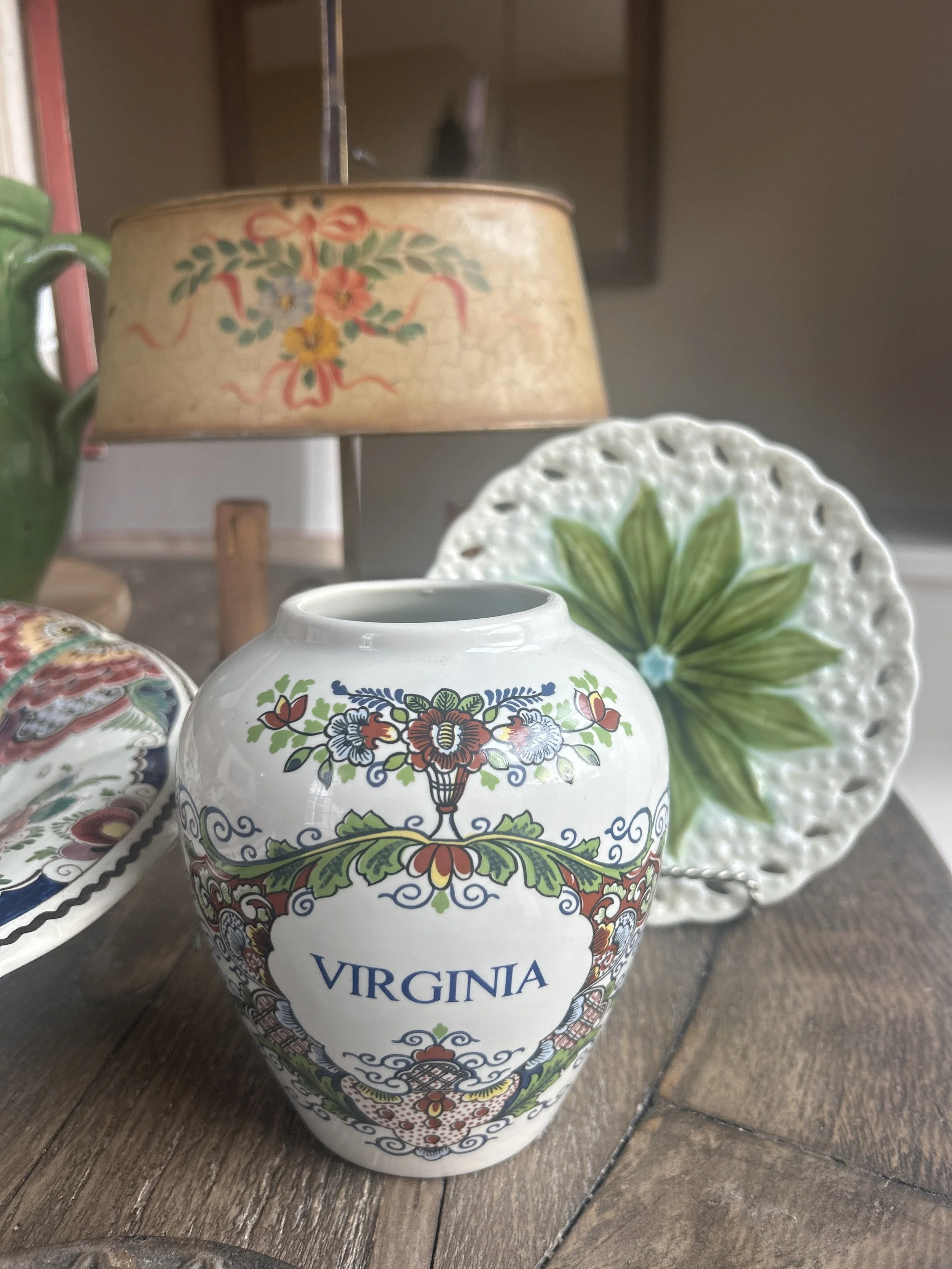 Virginia Delft Hand-Painted Tobacco Jar