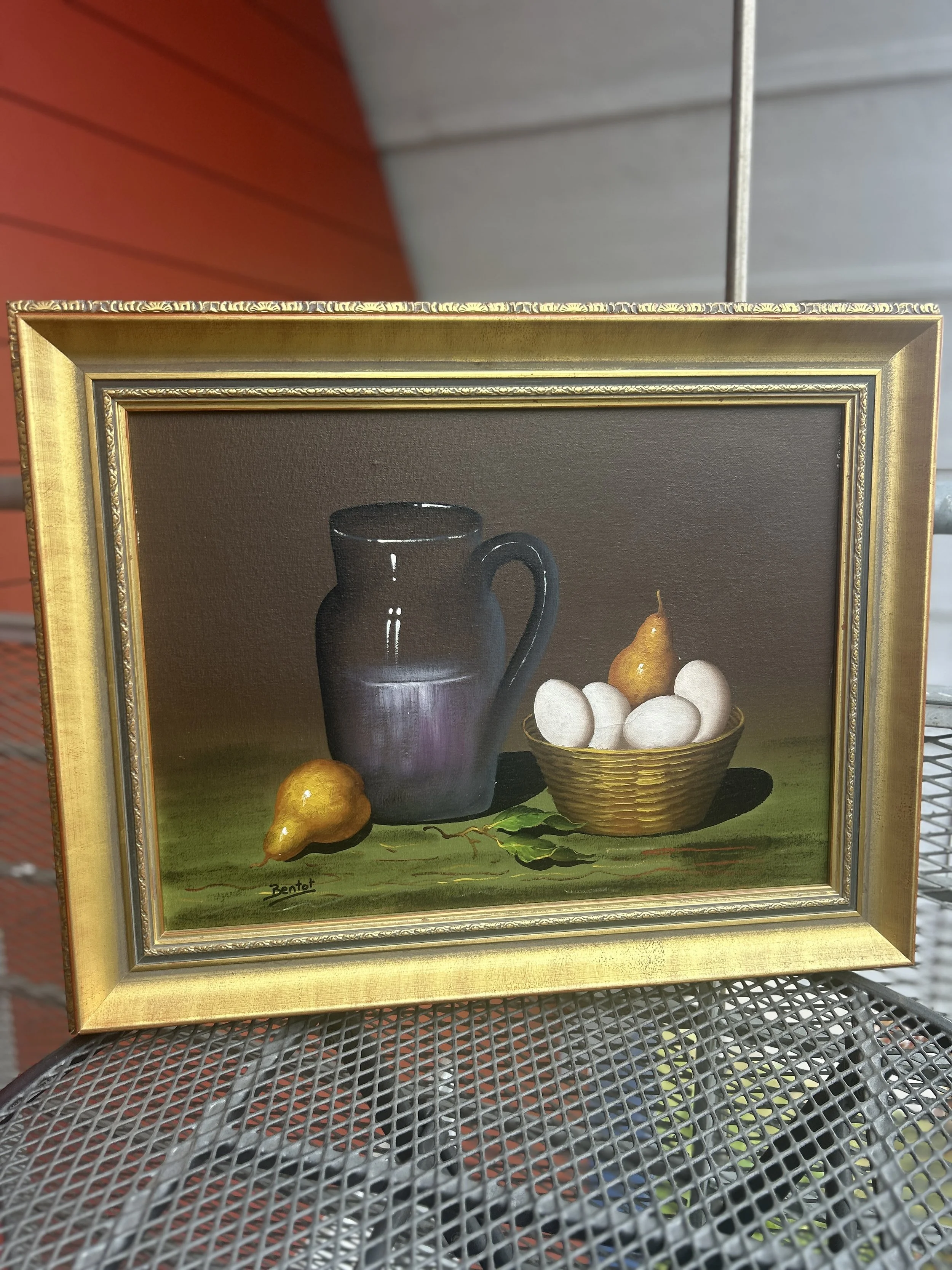 Artist-Signed Still Life with Eggs & Pear in Gold Frame
