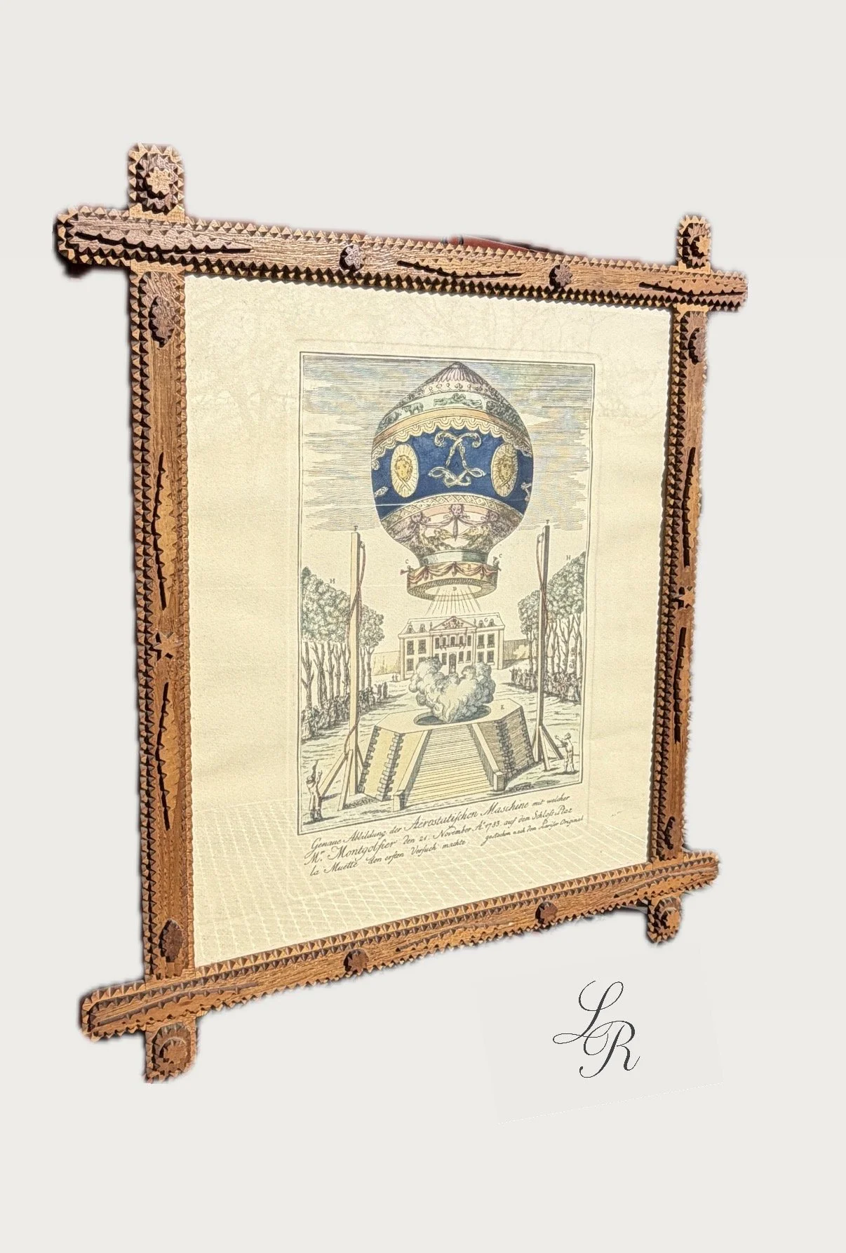 18th century "Aerostatic Machine" in tramp art frame