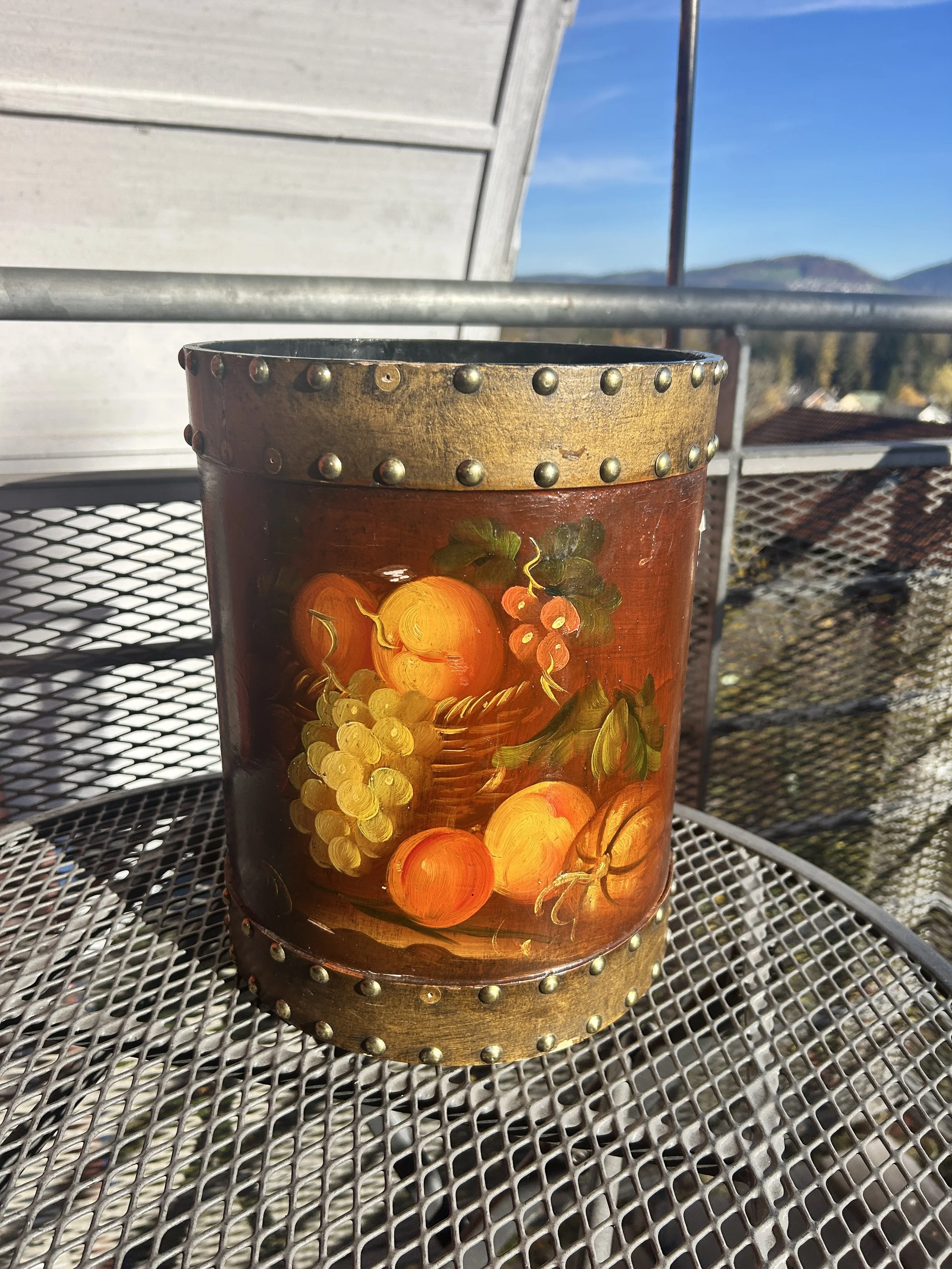 Mid-Century English Still Life Tole wood Can