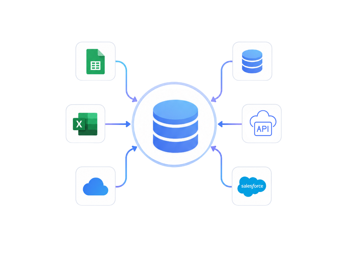 Central database icon with connected icons for Google Sheets, Excel, cloud, database, API, and Salesforce.
