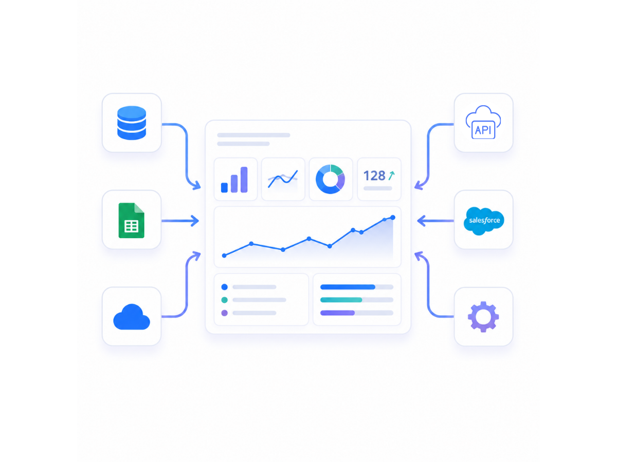 A digital dashboard showing graphs, charts, and data metrics, surrounded by icons representing databases, spreadsheets, cloud storage, APIs, Salesforce, and settings.