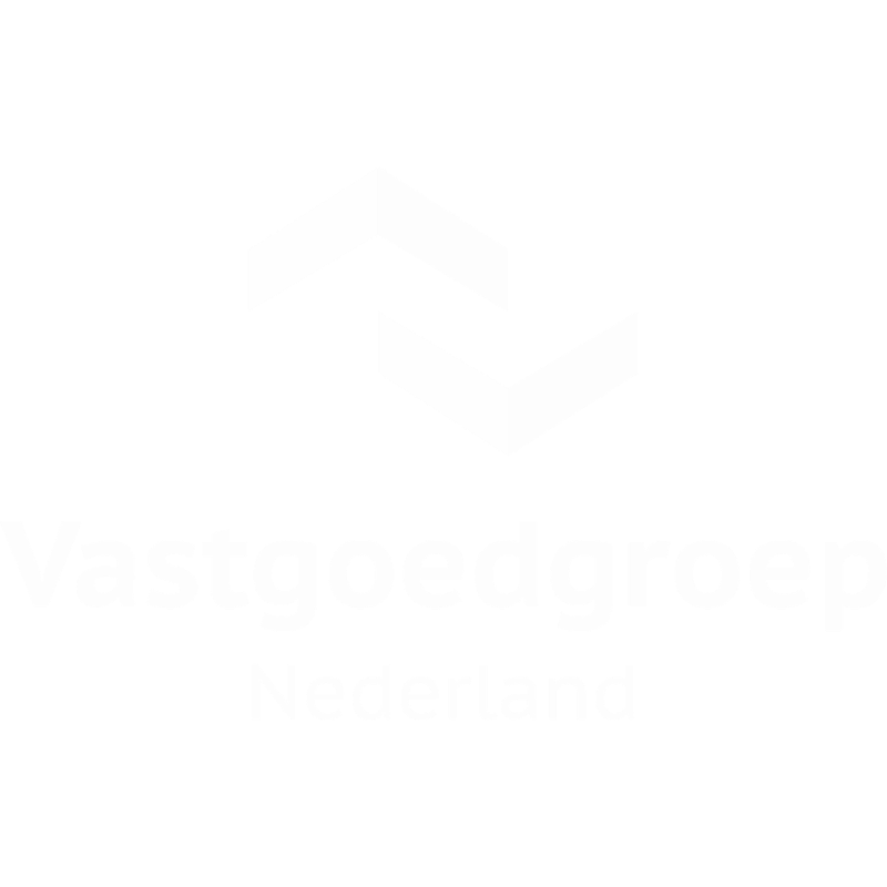 Black background with a white geometric logo resembling a three-dimensional cube and the text 'Vastgoedgroep Nederland' beneath it.