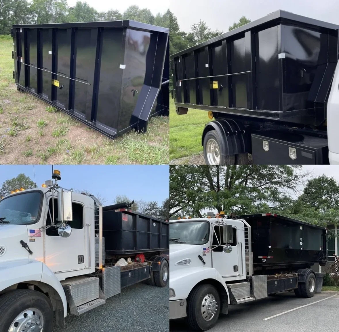 A white garbage truck with a black dumpster attached, shown from different angles. The trash container is black and rectangular, positioned on the back of the truck.