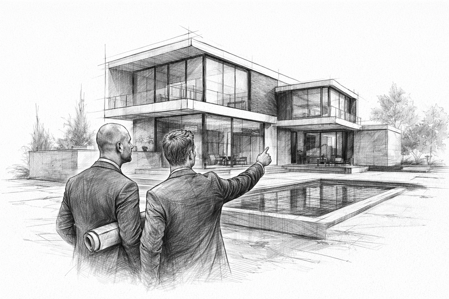 Architectural sketch of two consultants reviewing a modern residential building with clean lines and large glass façades.