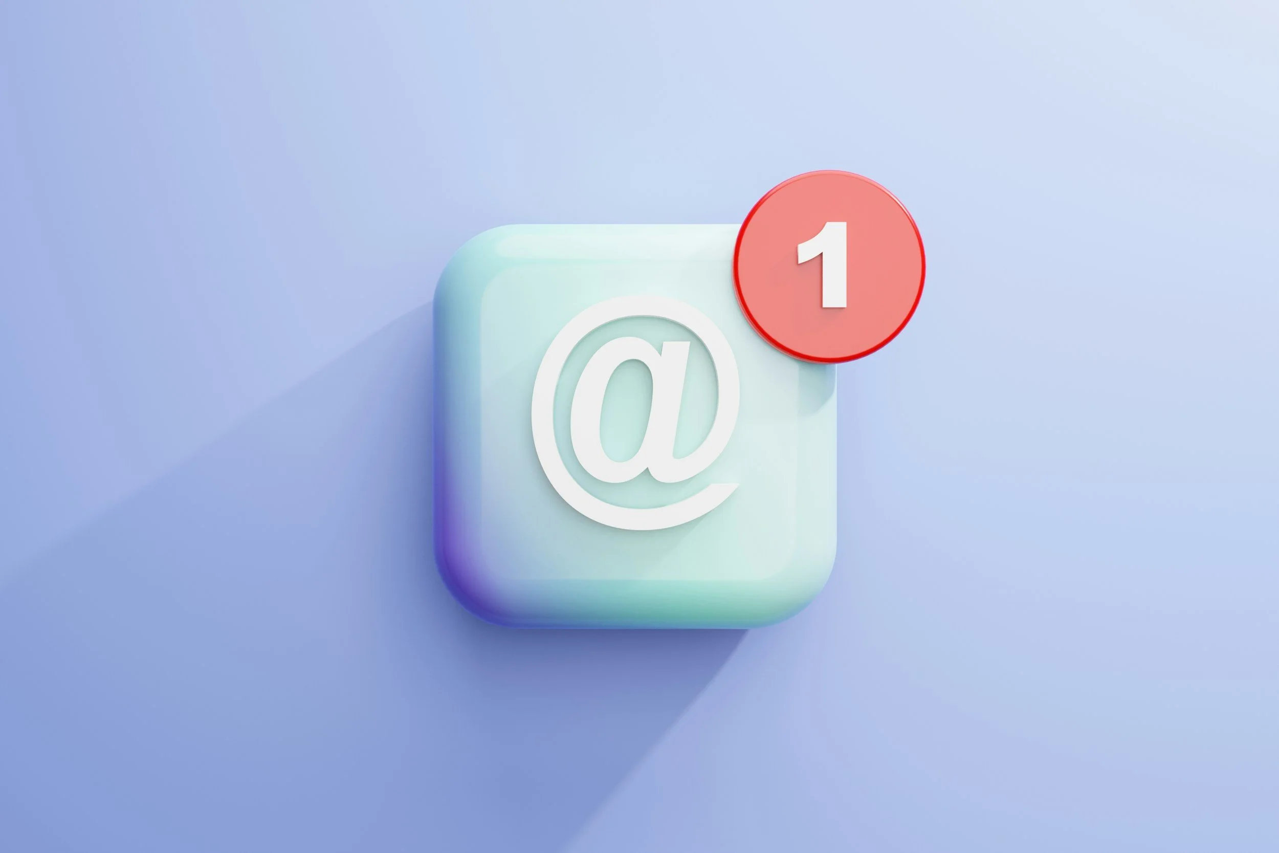 3D icon of an email symbol with a notification badge showing 1 new message on a light blue surface.