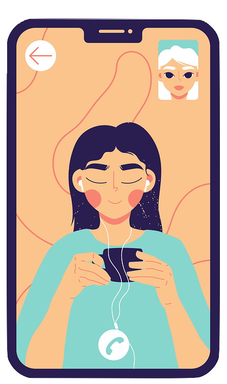 A woman with dark hair and headphones is looking at her phone while on a video call with an older woman with white hair, depicted on her phone screen.