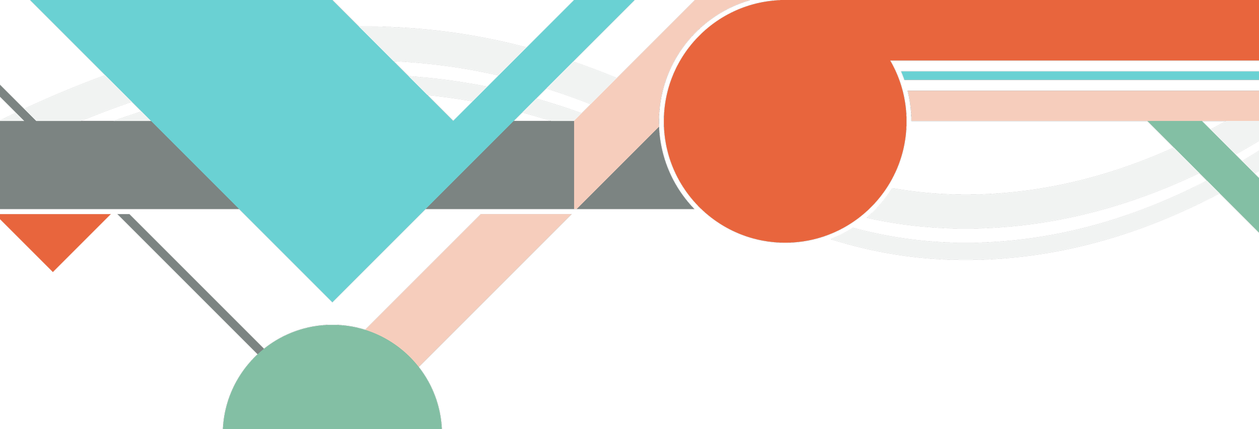 Abstract geometric artwork with various shapes and colors, including a large orange circle, a teal circle, and intersecting lines and shapes in shades of black, gray, pink, and mint green.