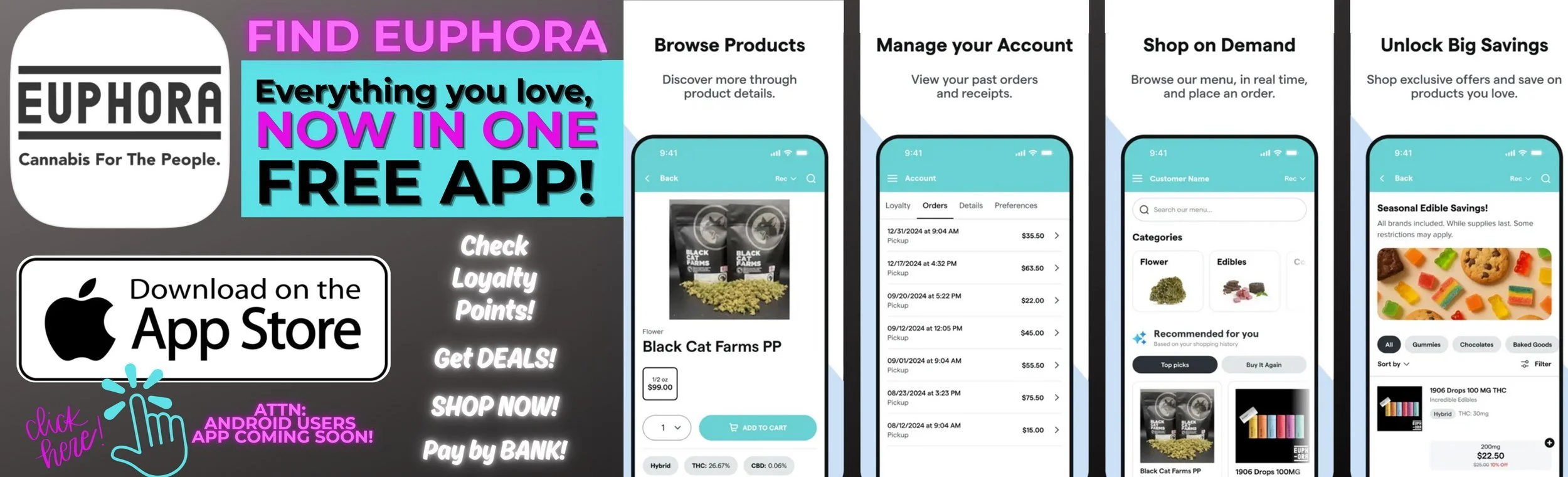 An advertisement for the Euphorica app, promoting its features for browsing products, managing orders, shopping on demand, and unlocking savings. It also includes a download icon for the App Store, a note about upcoming Android app, and images of the app interface showing product listings and categories.