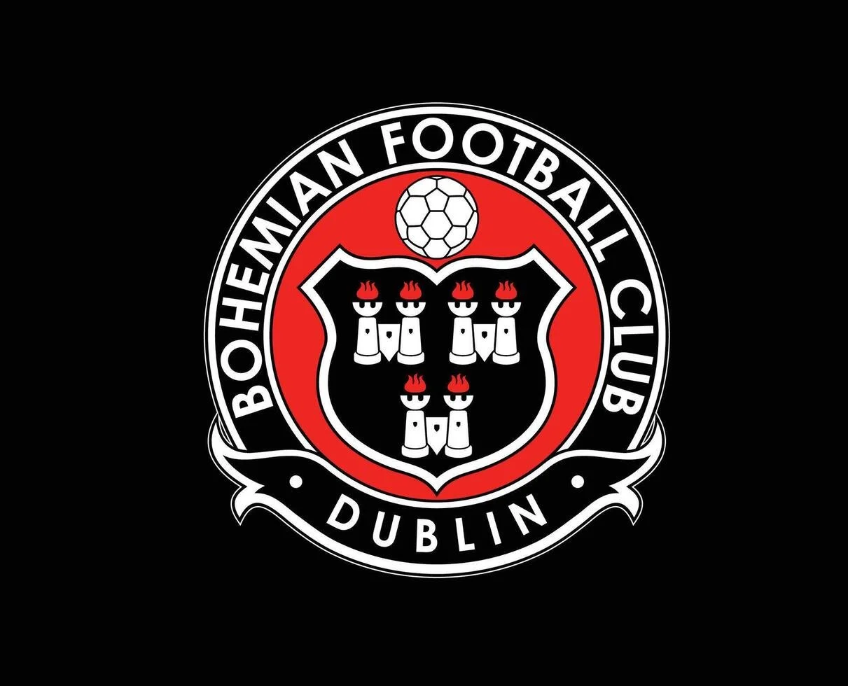 Logo of Bohemian Football Club Dublin with a black background, featuring a shield with six candles and a football, surrounded by the club's name.