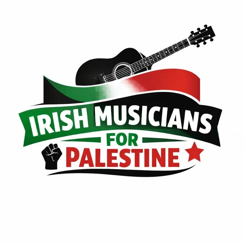 Logo with a black guitar, green, white, and red colors, a clenched fist, and the text 'Irish Musicians for Palestine'.
